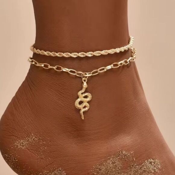 Gold Snake Charm Anklet Set - Picture 1 of 1